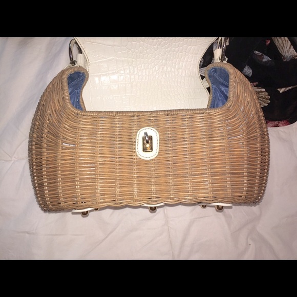 White Leather and wicker Eric Javits Basket bag purse - Picture 7 of 8